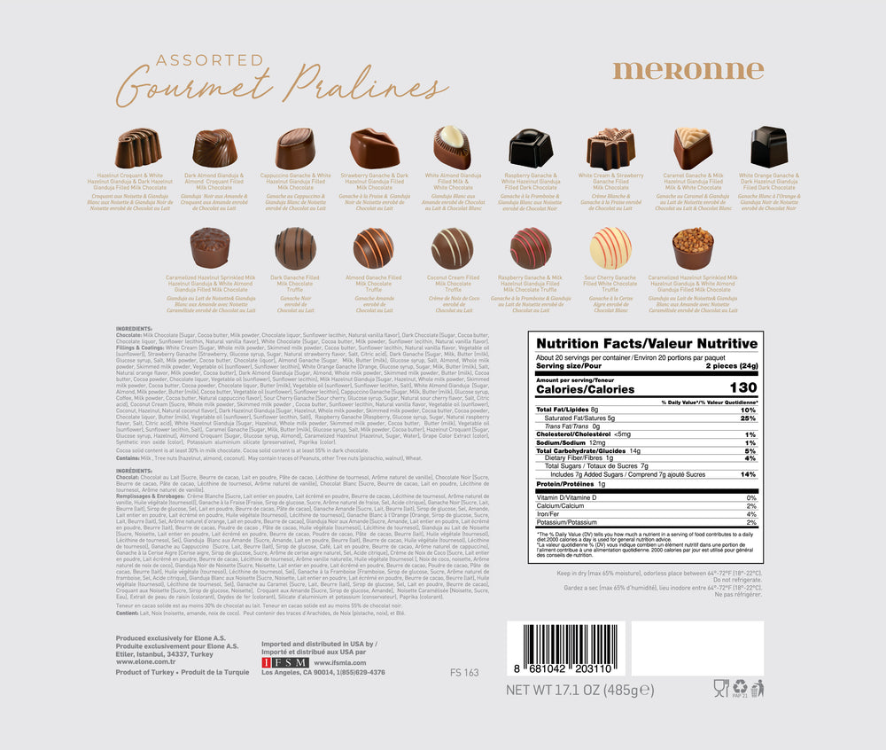 Meronne Gourmet Chocolate Truffle & Praline Assortment White Box (38 Pieces / 485g / 17.1oz)