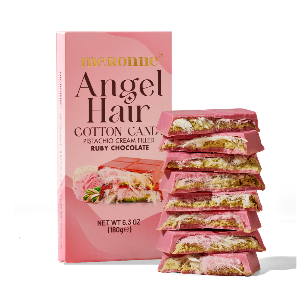 Meronne Angel Hair Chocolate Bar – Ruby Chocolate with Cotton Candy & Pistachio Cream | 6.35 oz