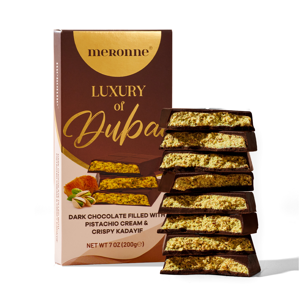Meronne Premium Dubai Chocolate Bar - Dark Chocolate With Pistachio Cream & Kadayif - 7oz