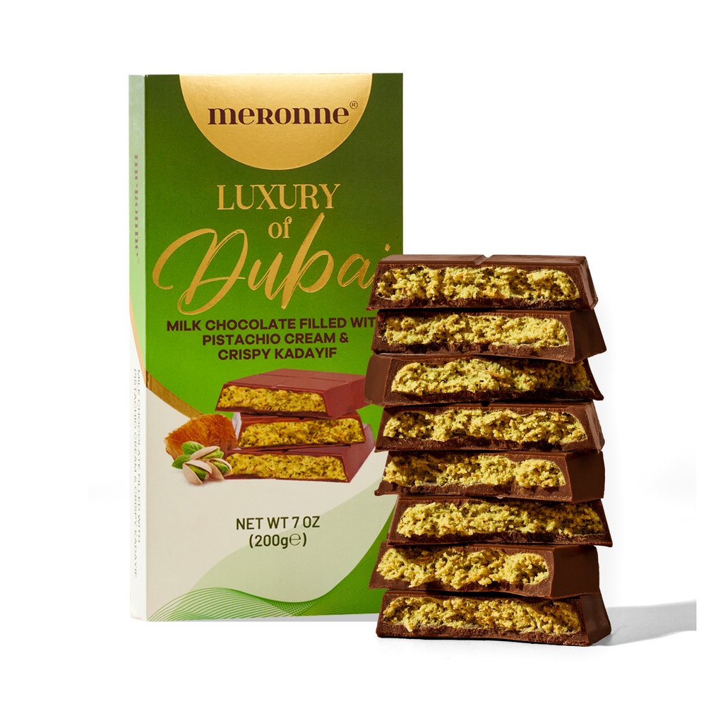 Meronne Premium Dubai Chocolate Bar - Milk Chocolate With Pistachio Cream & Kadayif - 7oz