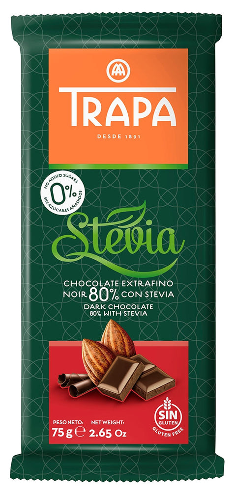 Trapa Stevia 80% Dark Chocolate Bar With Almonds 5 Piece Pack (2.64oz / 75gr)