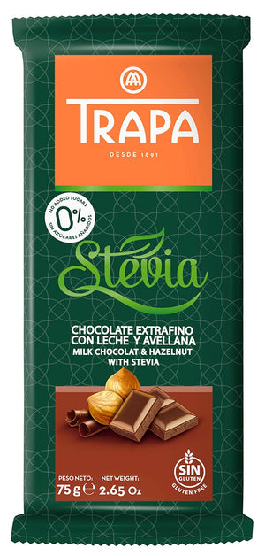 
                
                    Load image into Gallery viewer, Trapa Stevia &amp;amp; Milk Chocolate Bar With Hazelnuts 5 Piece Pack (2.64oz / 75gr)
                
            